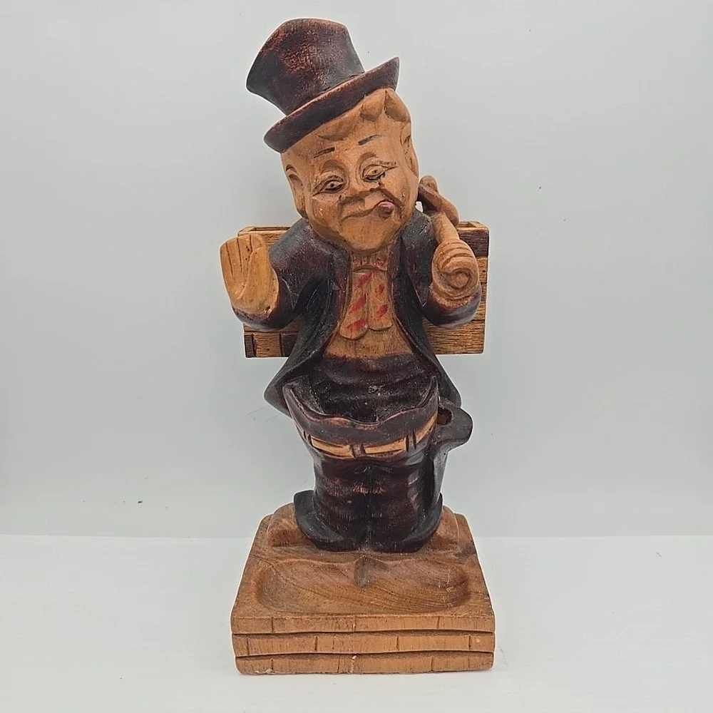 Vintage Carved Wooden Match/Toothpick Holder  Man w/Hat &‎ Cigar